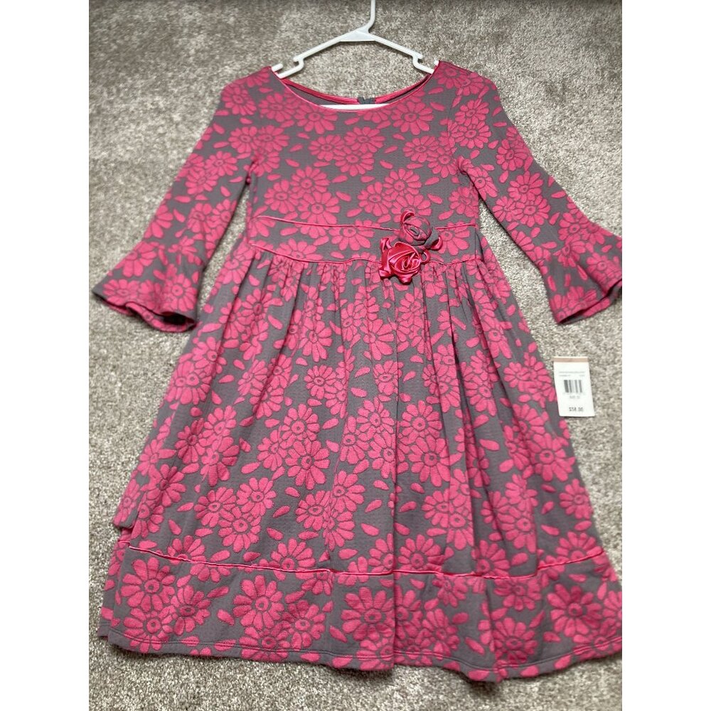 Iris & Ivy Pink & Gray Floral Dress With Rosette Accents Size 12